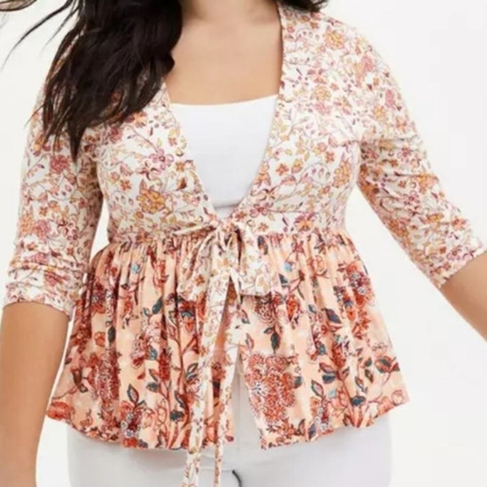 Torrid Floral Peach Baby Doll Front Tie Shacket Plus Size 5X